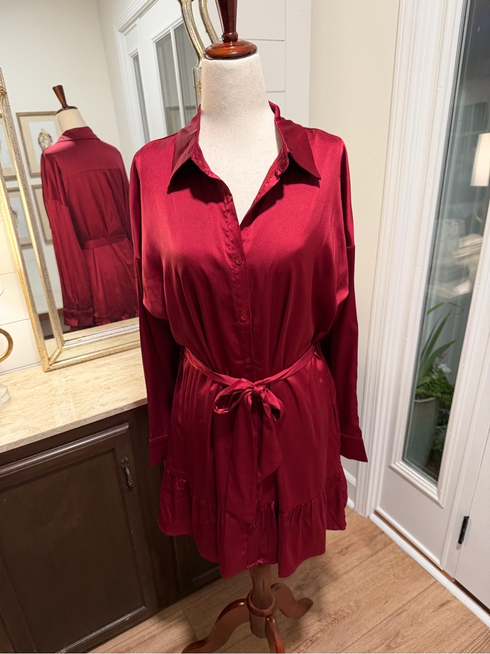 Satin Button-Down Tie-Waist Dress - Deep Red